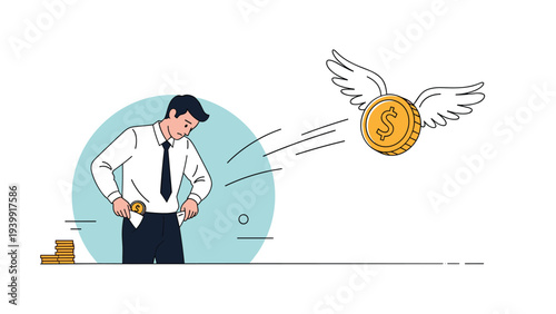 Dejected businessman looking into his empty pockets, symbolizing financial loss and poverty as a winged coin flies away.