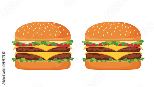 Two incredibly appetizing, generously stacked double cheeseburgers featuring fresh lettuce, juicy tomatoes, melted cheese, and hearty meat patties.