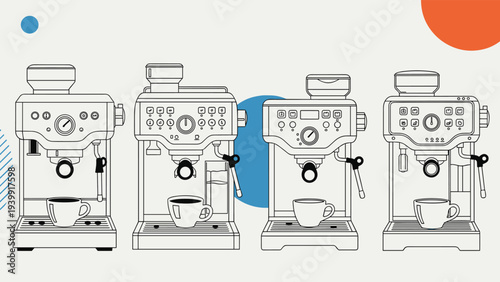 A collection of four distinct and modern espresso machines lined up, showcasing various designs for coffee enthusiasts.