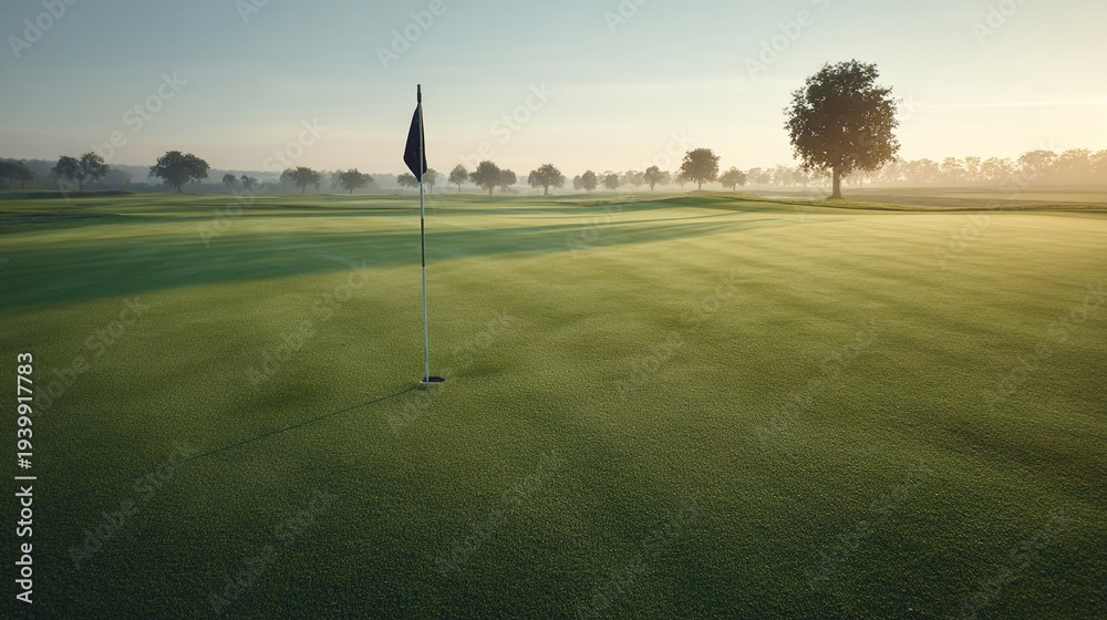 Obraz premium ryegrass. Manicured golf course green with uniform ryegrass, a distant flag. public awareness campaigns, NGO reports, designed for public awareness campaigns and NGO communications.