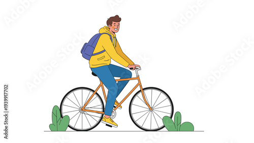 Cheerful young man with a backpack happily riding a bicycle through a park, enjoying leisure and outdoor activity.