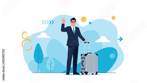 Businessman in a suit waving goodbye next to his rolling suitcase, set against an abstract outdoor background, symbolizing travel or departure.