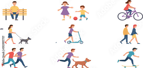 People daily activities vector set with walking running cycling dog walking family and outdoor lifestyle scenes illustration collection