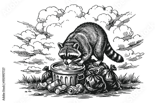 Urban Raccoon Peering Over Trash in a City Alley, Detailed Vintage Woodcut Vector Illustration of Scavenger Wildlife in Engraved Art Style.