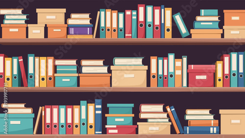 Fully stocked bookshelf neatly organized with a diverse array of files, colorful binders, books, and storage boxes.