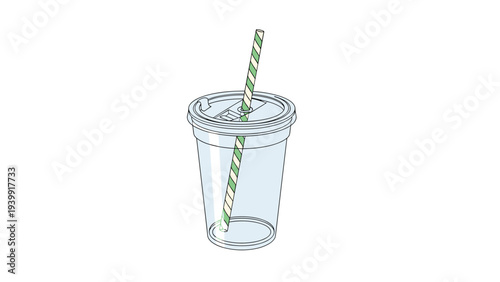Clear plastic cup with a dome lid and an eco-friendly green and white striped straw, ideal for refreshing cold beverages.