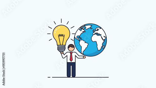 Businessman holding a glowing lightbulb and a spinning globe, symbolizing global ideas, innovation, and worldwide business solutions.