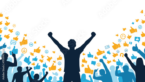 Exultant crowd of people raising their hands in triumph and celebration, surrounded by numerous social media like and dislike icons, symbolizing public opinion.