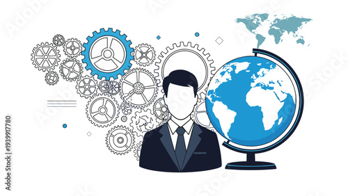 Stylized businessman profile surrounded by intricate gears and a global map, symbolizing complex international business strategy and operations.