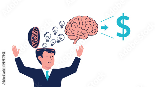 Businessman with an open head, symbolizing ideas flowing to a brain, which then translates into money, representing profitable innovation and intellectual capital.