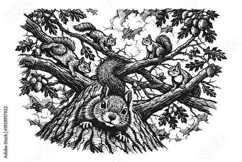 Playful Squirrels Gathering on Oak Tree Branches, Vintage Engraving Style Vector Illustration of Forest Wildlife in Hand Drawn Woodcut Art.