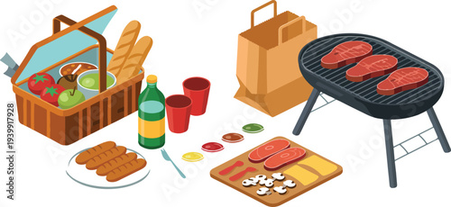 Barbecue picnic vector set with grill meat vegetables sauces bread basket drinks and outdoor cooking items illustration collection