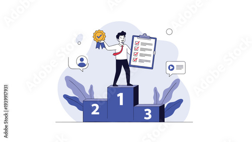 Victorious businessman standing on a podium, proudly holding a gold medal and a completed checklist, symbolizing top achievement and successful task management.