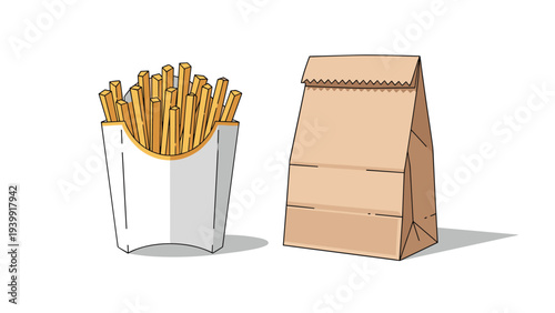 Delicious crispy French fries served in a classic carton, alongside a simple brown paper bag for takeaway or delivery.