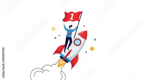 Exuberant businessman triumphantly riding a fast-ascending rocket, proudly holding a number one flag, symbolizing rapid startup success and pioneering innovation.