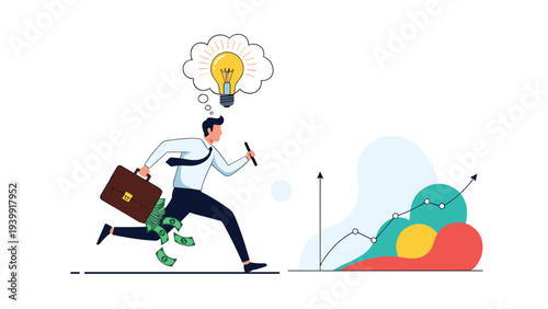 Ambitious businessman energetically running with a briefcase spilling money, guided by a brilliant lightbulb idea towards a rising growth graph, symbolizing innovative financial success.