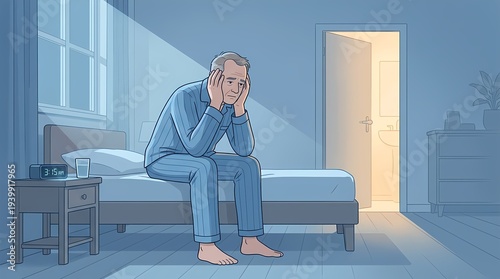 Man suffering from frequent nighttime urination sitting on bed and going to bathroom at night, concept of nocturia, sleep disturbance and urinary problem in middle aged and elderly adults
