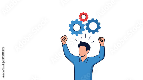 Enthusiastic man raising his fists in triumph, with three colorful gears floating above his head, symbolizing successful problem-solving and smart ideas.