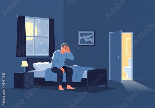 Man suffering from frequent nighttime urination sitting on bed and going to bathroom at night, concept of nocturia, sleep disturbance and urinary problem in middle aged and elderly adults