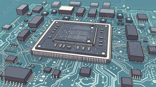 A circuit board shows a central chip with many smaller components surrounding it. The board has detailed circuit lines and connections.