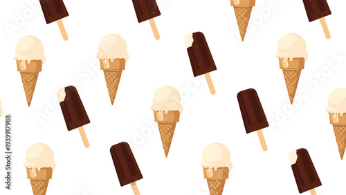 Repetitive and delightful seamless pattern featuring numerous vanilla ice cream cones and chocolate-dipped popsicles, creating a sweet background.