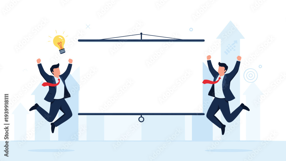 Fototapeta premium Two excited businessmen jumping with joy in front of a large blank projector screen, celebrating new ideas and successful project launch.
