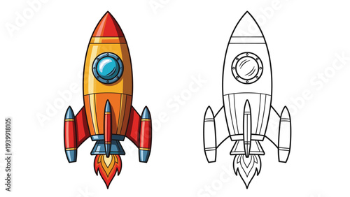 Colorful and outline rockets ready for launch, symbolizing new business startups, project initiation, and rapid growth.