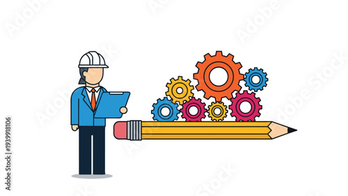 Engineer or architect standing with a clipboard, overseeing a large pencil and interconnected gears symbolizing project design and process.