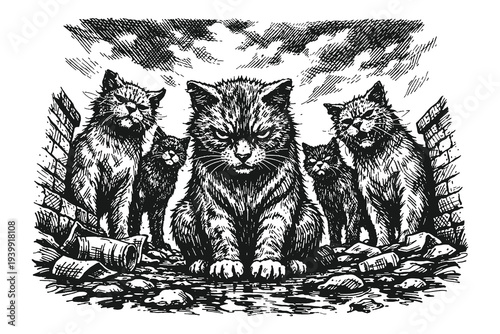 Grumpy Alley Cats Gathering in an Urban Street, Detailed Vintage Woodcut Vector Illustration of Felines in Engraved Hand Drawn Style Art.