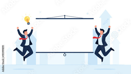 Two excited businessmen jumping with joy in front of a large blank projector screen, celebrating new ideas and successful project launch.