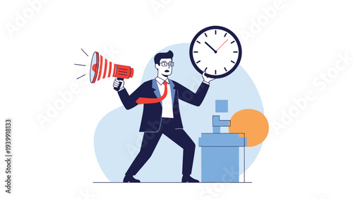 Businessman holding a megaphone and a large clock, emphasizing time management, urgent announcements, and the pressure of deadlines.