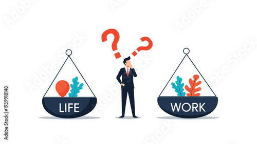 Businessman stands confused between two scales labeled "Life" and "Work," symbolizing the challenge of achieving work-life balance.