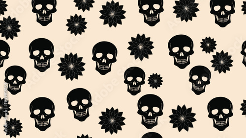 Seamless pattern featuring black skulls and dark floral designs on a light peach background, evoking gothic or festive themes.