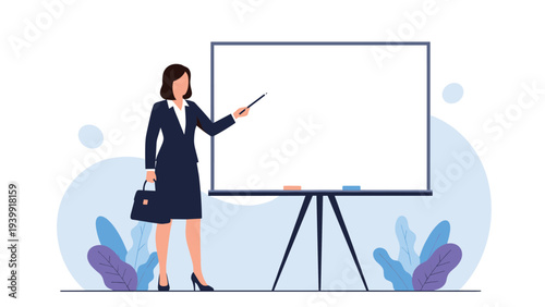 Professional businesswoman in a suit presenting with a pointer in front of a blank whiteboard, ready for a corporate meeting or training.