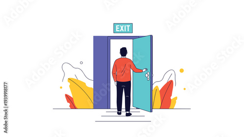 Man walking towards an open door with an "EXIT" sign, symbolizing new opportunities, a fresh start, or leaving a current situation.