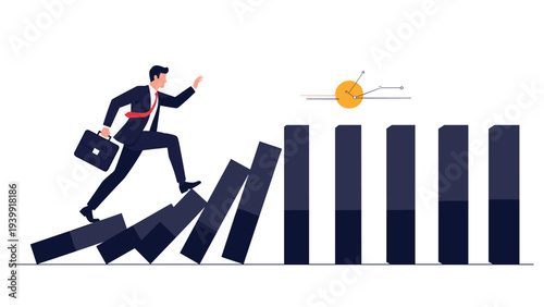 Businessman running on a series of falling dominoes towards stable ones, symbolizing proactive risk management and moving forward.