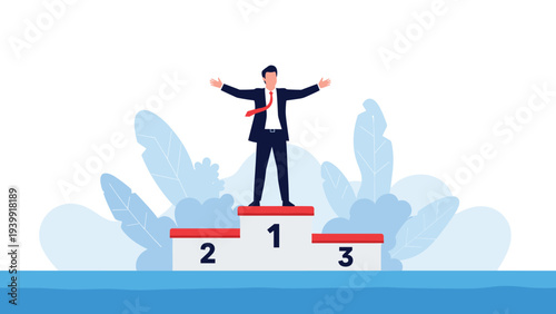 Victorious businessman standing on the top step of a winners' podium with outstretched arms, symbolizing triumph and top achievement.
