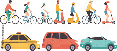 Modern People Riding Bicycles Scooters and Driving Cars Colorful Urban Transport Vector Illustration with Everyday City Mobility Characters