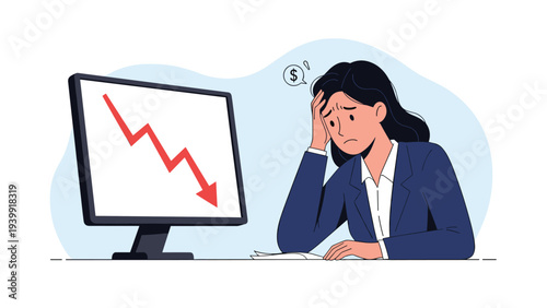 Distressed businesswoman looking at a monitor displaying a downward-pointing arrow and a dollar sign, symbolizing financial loss and business failure.
