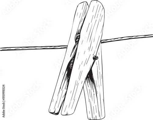 Wooden clothespin clipped on clothesline household laundry tool everyday object vector illustration design