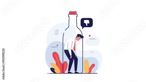 Sad businessman trapped inside a glass bottle with a "thumbs down" bubble, symbolizing feelings of being restricted and professional stagnation.