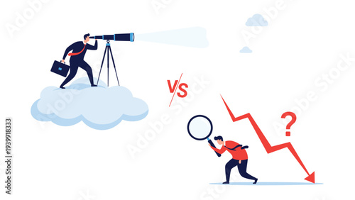 Businessman with a telescope on a cloud representing foresight, contrasted with another on the ground analyzing a downward trend, illustrating reactive vs. proactive strategy.