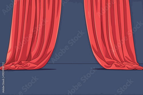 Red curtains hang on a stage in a theater. The setting is prepared for a show. The background is simple and focused on the curtains.