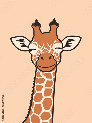 A giraffe smiles at the viewer with closed eyes and a friendly expression. Its design features bold lines and a plain background.