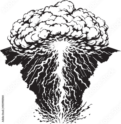 Volcano eruption with smoke ash lightning dramatic geological natural disaster energy force vector illustration design