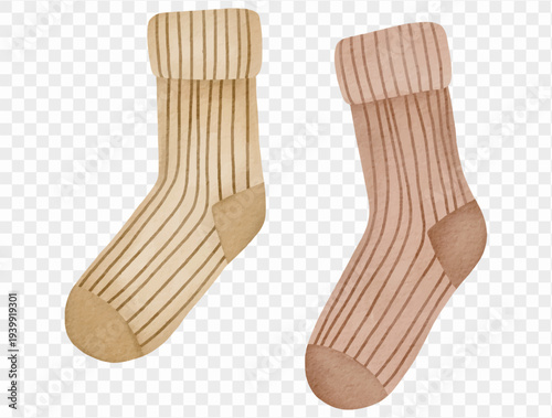 Watercolor cozy striped socks pair soft home clothing illustration Vector.