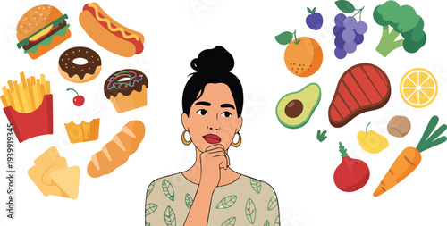 Woman Choosing Between Healthy Food and Junk Food Illustration with Question Marks Diet Decision Nutrition Comparison Lifestyle Choice Vector