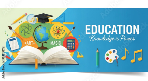 Open book with educational symbols and icons.