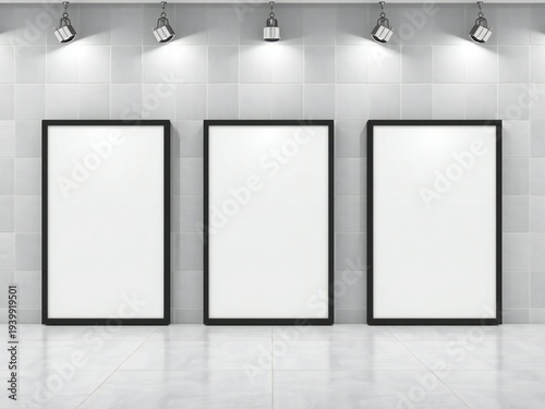 Three empty picture frames on a white wall