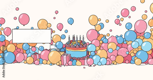 Balloons in various colors surround a cake with candles and gift boxes, creating a lively birthday party atmosphere.